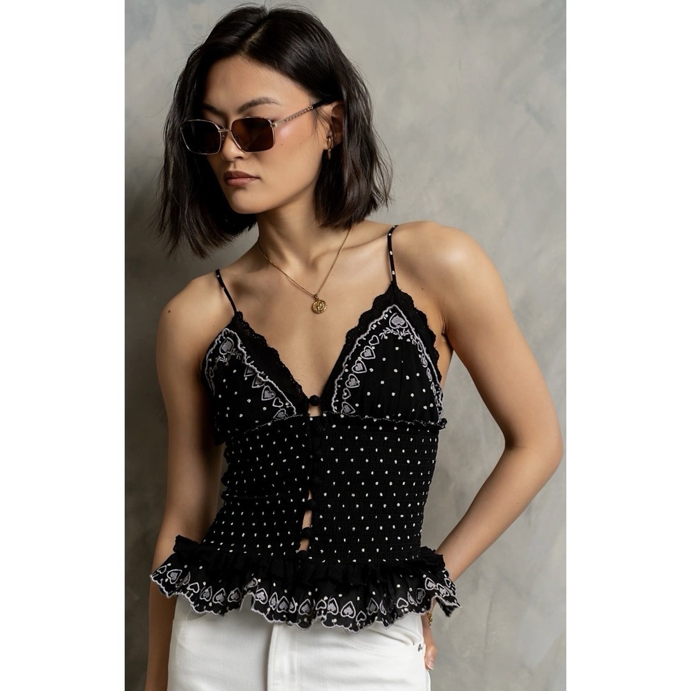 Free People Black and White Polka Dot Lace-Trim Tank Top